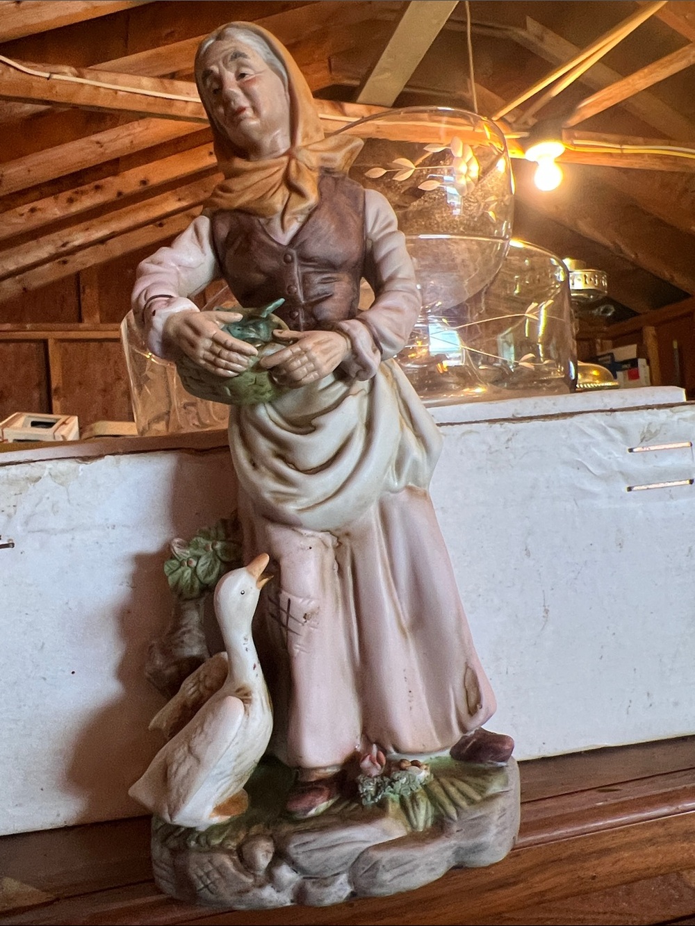 Vintsgd Hand-Painted Ceramic Farmstead Woman Figurine in Cream and Brown